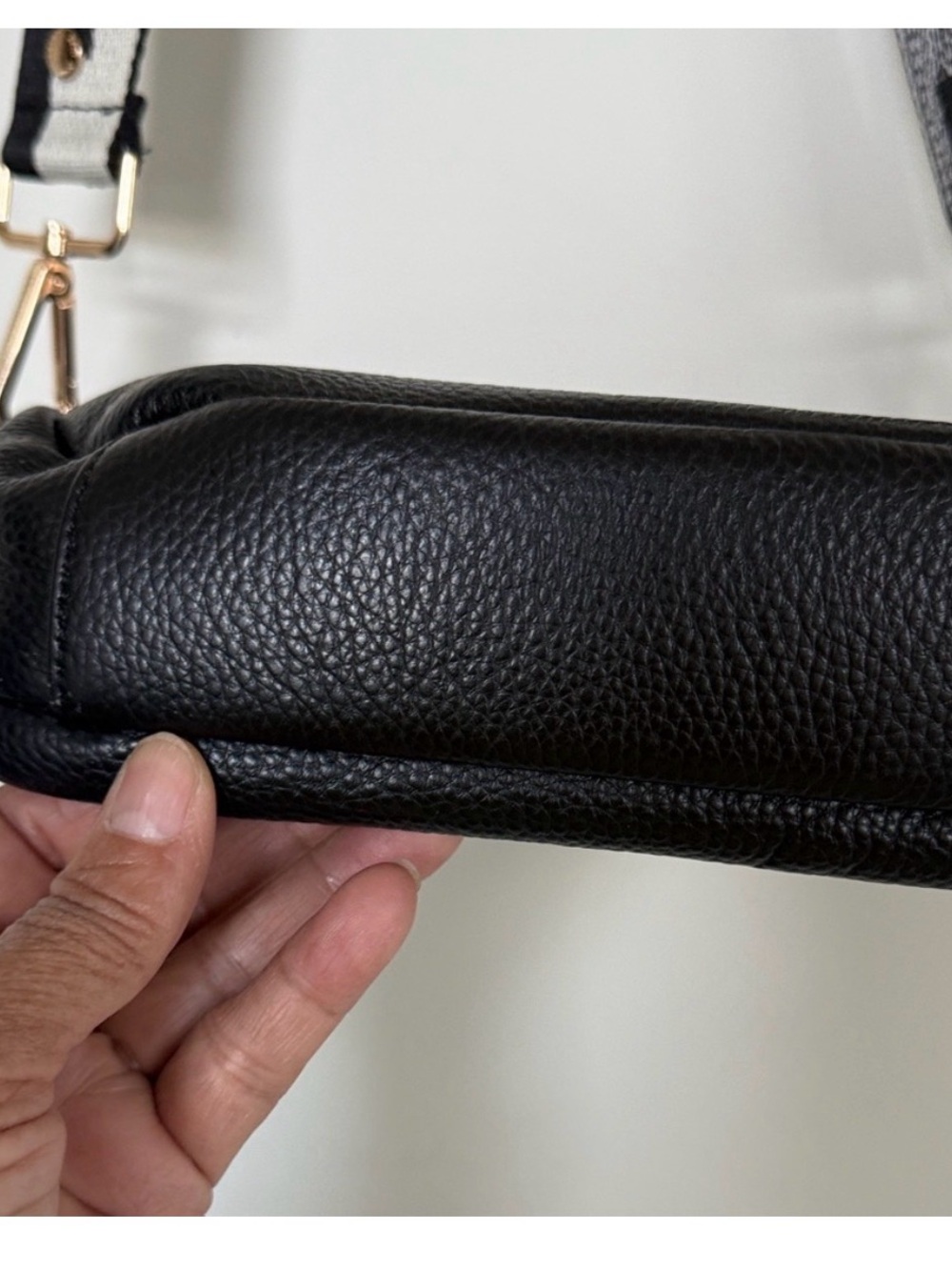 Compact Black Pebble Crossbody with Patterned Strap - Picture 5 of 12